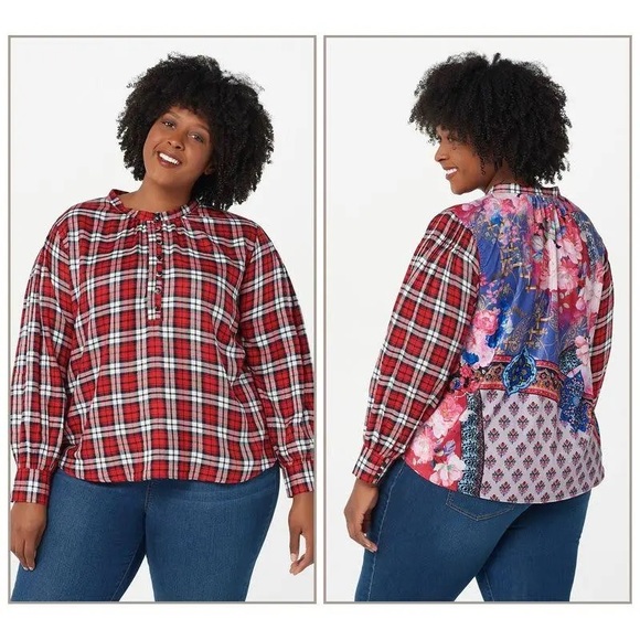NWT Tolani Collection Adyna Plaid and Velvet printed back shirt - Picture 1 of 8